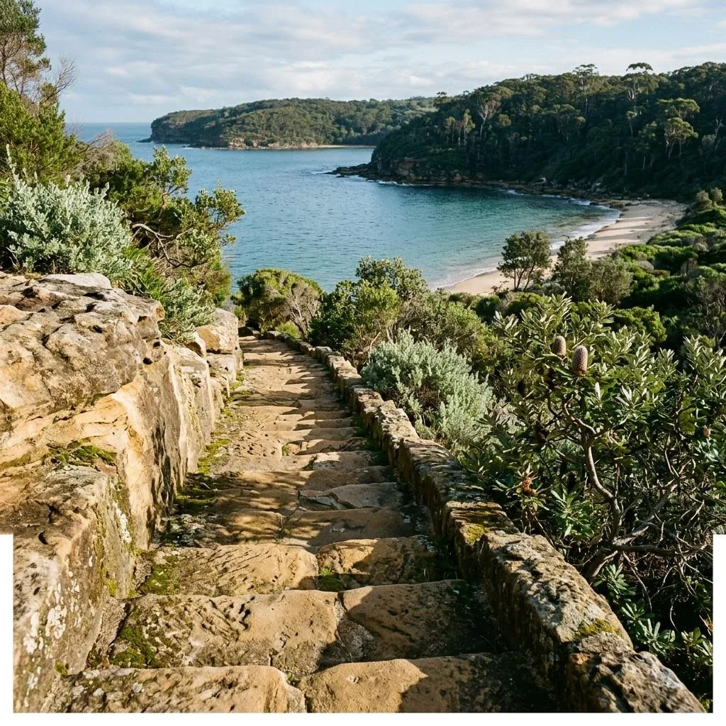 Sandstone steps winding down to a harbour beach